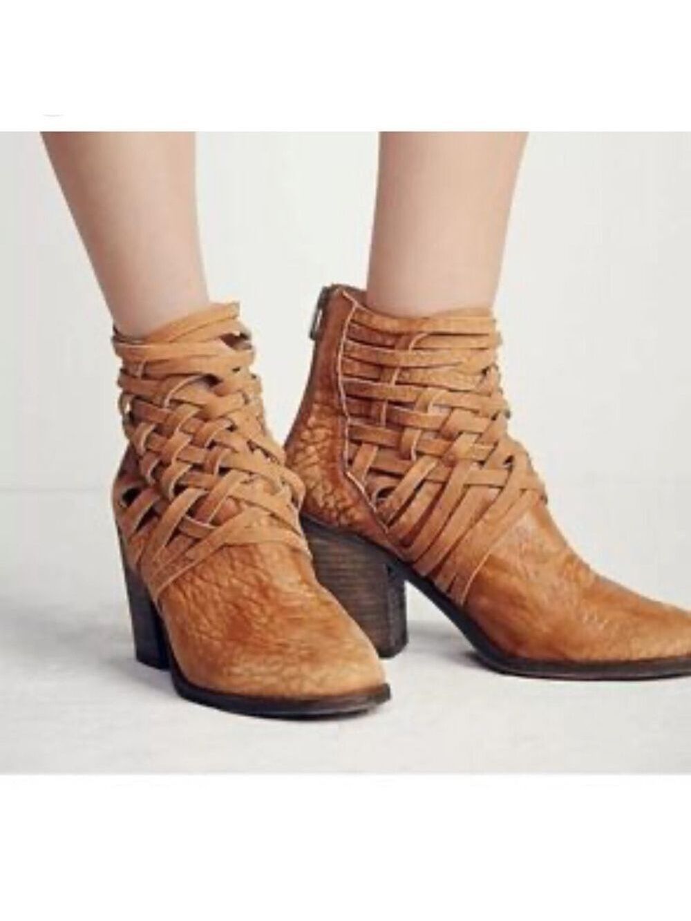 Free People Womens Carrera Woven Leather Boot Tan High Heel Boot Size 38/7.5-8